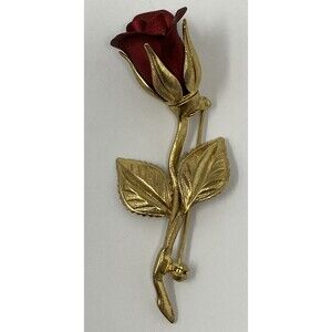 Vintage Covani Signed Red Rose 3D Brooch Pin 3” Gold Tone Figural